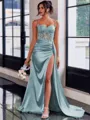 Perfect Sheath Spaghetti Straps Appliques Lace Sweep Train Silk Like Satin Corset Prom Dress