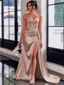Perfect Sheath Spaghetti Straps Appliques Lace Sweep Train Silk Like Satin Corset Prom Dress