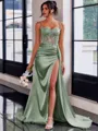 Perfect Sheath Spaghetti Straps Appliques Lace Sweep Train Silk Like Satin Corset Prom Dress