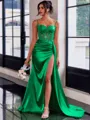 Perfect Sheath Spaghetti Straps Appliques Lace Sweep Train Silk Like Satin Corset Prom Dress
