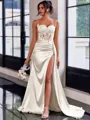 Perfect Sheath Spaghetti Straps Appliques Lace Sweep Train Silk Like Satin Corset Prom Dress