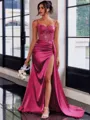 Perfect Sheath Spaghetti Straps Appliques Lace Sweep Train Silk Like Satin Corset Prom Dress