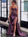 Perfect Sheath Spaghetti Straps Appliques Lace Sweep Train Silk Like Satin Corset Prom Dress