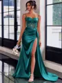 Perfect Sheath Spaghetti Straps Appliques Lace Sweep Train Silk Like Satin Corset Prom Dress