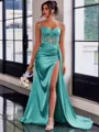 Perfect Sheath Spaghetti Straps Appliques Lace Sweep Train Silk Like Satin Corset Prom Dress