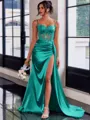 Perfect Sheath Spaghetti Straps Appliques Lace Sweep Train Silk Like Satin Corset Prom Dress