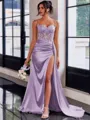 Perfect Sheath Spaghetti Straps Appliques Lace Sweep Train Silk Like Satin Corset Prom Dress