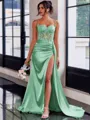 Perfect Sheath Spaghetti Straps Appliques Lace Sweep Train Silk Like Satin Corset Prom Dress