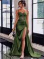 Perfect Sheath Spaghetti Straps Appliques Lace Sweep Train Silk Like Satin Corset Prom Dress