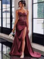 Perfect Sheath Spaghetti Straps Appliques Lace Sweep Train Silk Like Satin Corset Prom Dress