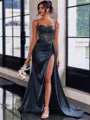 Perfect Sheath Spaghetti Straps Appliques Lace Sweep Train Silk Like Satin Corset Prom Dress