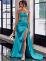 Perfect Sheath Spaghetti Straps Appliques Lace Sweep Train Silk Like Satin Corset Prom Dress