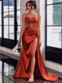 Perfect Sheath Spaghetti Straps Appliques Lace Sweep Train Silk Like Satin Corset Prom Dress