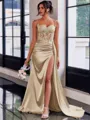 Perfect Sheath Spaghetti Straps Appliques Lace Sweep Train Silk Like Satin Corset Prom Dress