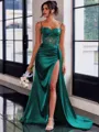 Perfect Sheath Spaghetti Straps Appliques Lace Sweep Train Silk Like Satin Corset Prom Dress