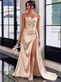 Perfect Sheath Spaghetti Straps Appliques Lace Sweep Train Silk Like Satin Corset Prom Dress