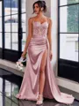 Perfect Sheath Spaghetti Straps Appliques Lace Sweep Train Silk Like Satin Corset Prom Dress