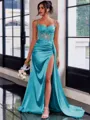 Perfect Sheath Spaghetti Straps Appliques Lace Sweep Train Silk Like Satin Corset Prom Dress