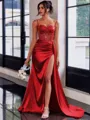Perfect Sheath Spaghetti Straps Appliques Lace Sweep Train Silk Like Satin Corset Prom Dress