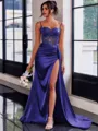 Perfect Sheath Spaghetti Straps Appliques Lace Sweep Train Silk Like Satin Corset Prom Dress