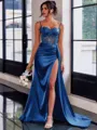 Perfect Sheath Spaghetti Straps Appliques Lace Sweep Train Silk Like Satin Corset Prom Dress