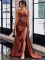 Perfect Sheath Spaghetti Straps Appliques Lace Sweep Train Silk Like Satin Corset Prom Dress