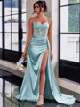 Perfect Sheath Spaghetti Straps Appliques Lace Sweep Train Silk Like Satin Corset Prom Dress