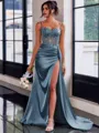 Perfect Sheath Spaghetti Straps Appliques Lace Sweep Train Silk Like Satin Corset Prom Dress