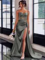 Perfect Sheath Spaghetti Straps Appliques Lace Sweep Train Silk Like Satin Corset Prom Dress