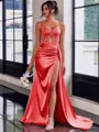 Perfect Sheath Spaghetti Straps Appliques Lace Sweep Train Silk Like Satin Corset Prom Dress