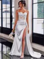 Perfect Sheath Spaghetti Straps Appliques Lace Sweep Train Silk Like Satin Corset Prom Dress