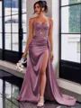Perfect Sheath Spaghetti Straps Appliques Lace Sweep Train Silk Like Satin Corset Prom Dress