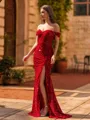 Fashion Sheath Off-the-Shoulder Pleated Sweep Train Velvet Sequins Prom Dress