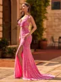 Glam Sheath V-Neck Sweep Train Velvet Sequins Prom Dress