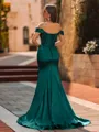 Unique Sheath Off-the-Shoulder Appliques Lace Sweep Train Silk like Satin Corset Prom Dress