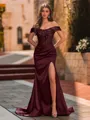 Unique Sheath Off-the-Shoulder Appliques Lace Sweep Train Silk like Satin Corset Prom Dress