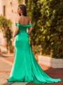 Glamorous Sheath Off-the-Shoulder Pleated Sweep Train Silk Like Satin Prom Dress