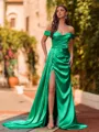 Glamorous Sheath Off-the-Shoulder Pleated Sweep Train Silk Like Satin Prom Dress