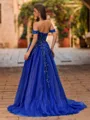 Elegant A-line Off-the-Shoulder Appliques Lace Sweep Train Tulle Corset Prom Dress