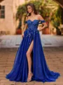 Elegant A-line Off-the-Shoulder Appliques Lace Sweep Train Tulle Corset Prom Dress