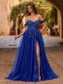 Elegant A-line Off-the-Shoulder Appliques Lace Sweep Train Tulle Corset Prom Dress
