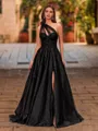 Opulent A-line One-Shoulder Appliques Lace Sweep Train Tulle Corset Prom Dress