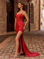Enchanting Sheath Spaghetti Straps Appliques Lace Sweep Train Sequins Corset Prom Dress