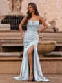 Gorgeous Sheath Straight Pleated Sweep Train Silk Like Satin Prom Dress
