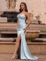 Gorgeous Sheath Straight Pleated Sweep Train Silk Like Satin Prom Dress