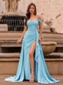 Luxurious Sheath Off-the-Shoulder Pleated Sweep Train Jersey Prom Dress