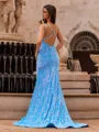 Captivating Sheath V-Neck Court Train Velvet Sequins Prom Dress