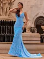 Captivating Sheath V-Neck Court Train Velvet Sequins Prom Dress