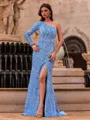 Aristocratic Sheath One-Shoulder Long Sleeves Sweep Train Velvet Sequins Prom Dress