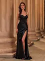 Magnificent Sheath Spaghetti Straps Pleated Sweep Train Silk like Satin Corset Prom Dress